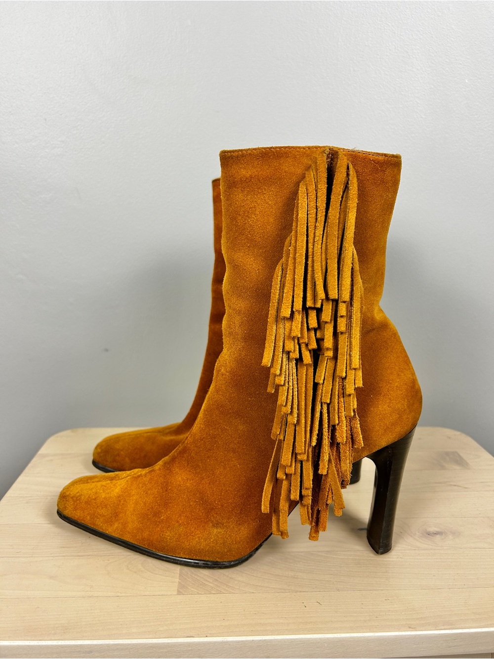 Genuine Suede Fringe Heeled Boots Brown Sz 9 Western Festival Rodeo Cowgirl